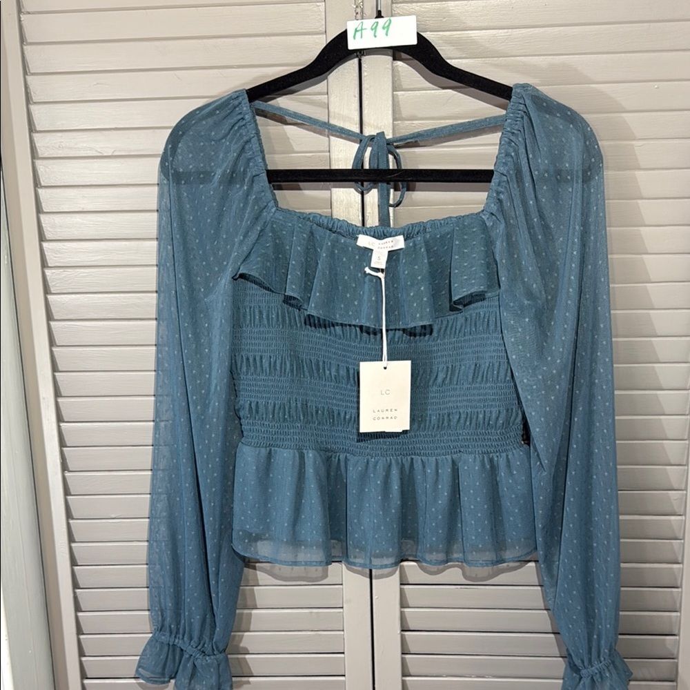 LC Lauren Conrad Blue Puff Sleeve Smocked Blouse - Picture 3 of 10